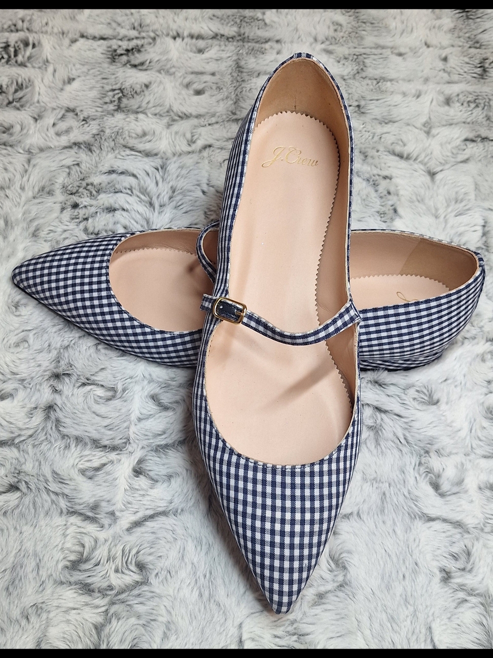 NWOT J.Crew Pointed-Toe Mary Jane Flats in Navy Gingham – Size 11